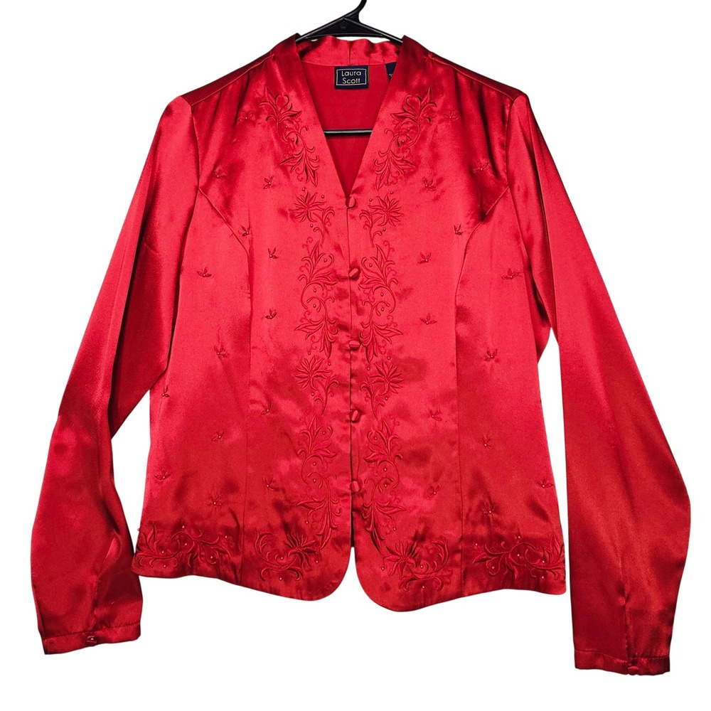 Womens Red Satin Beaded Floral Embroidered Button Front Blouse Top 10 Valentines